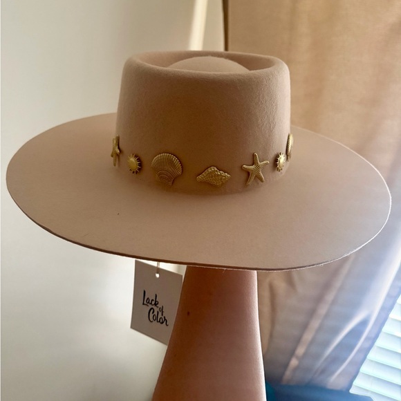 Lack of Color Seaside Boater L Hat Beige Wide-Brim Felt with Gold Shells - Picture 2 of 5